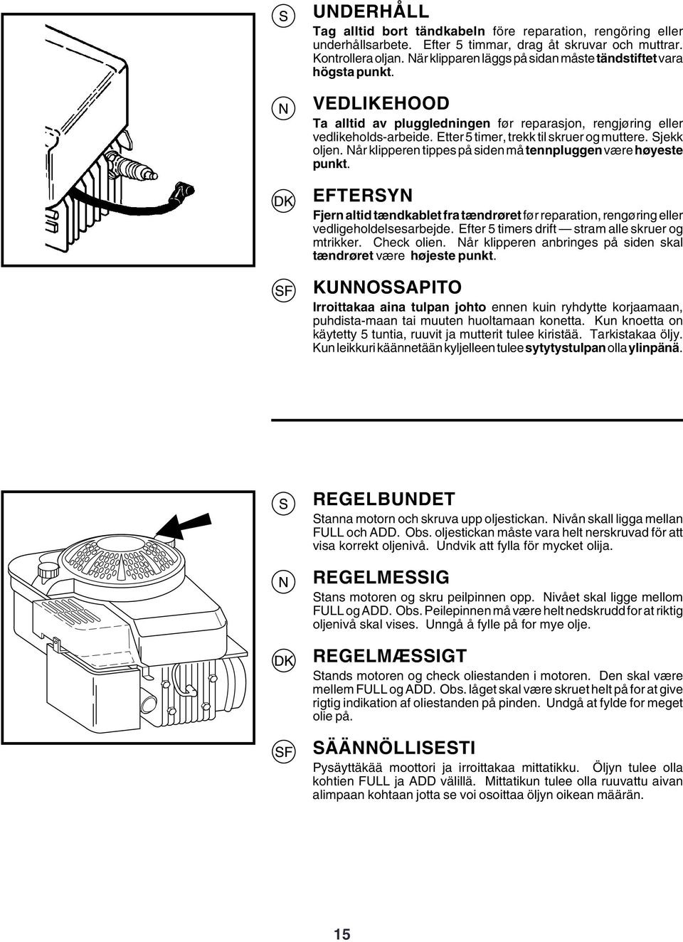 Etter 5 timer, trekk til skruer og muttere. Sjekk oljen. Når klipperen tippes på siden må tennpluggen være høyeste punkt.