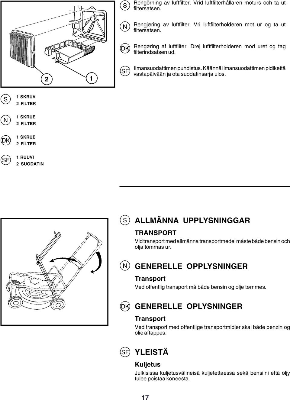 1 SKRUV 2 FILTER 1 SKRUE 2 FILTER 1 SKRUE 2 FILTER 1 RUUVI 2 SUODATIN ALLMÄNNA UPPLYSNINGGAR TRANSPORT Vid transport med allmänna transportmedel måste både bensin och olja tömmas ur.