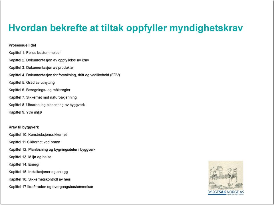 Sikkerhet mot naturpåkjenning Kapittel 8. Uteareal og plassering av byggverk Kapittel 9. Ytre miljø Krav til byggverk Kapittel 10.