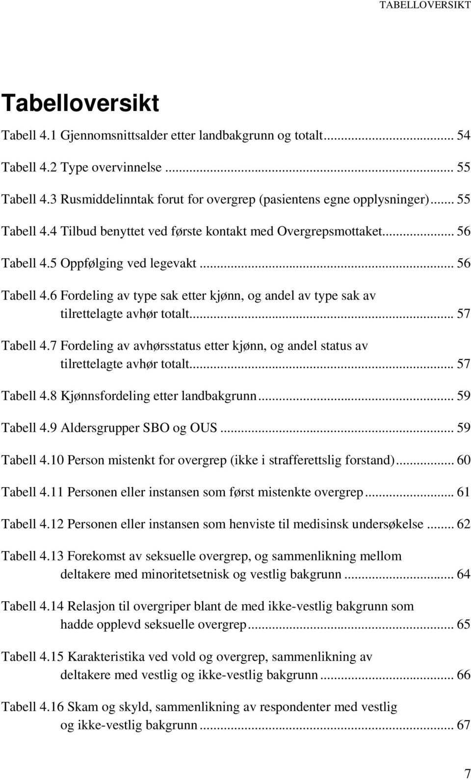 5 Oppfølging ved legevakt... 56 Tabell 4.6 Fordeling av type sak etter kjønn, og andel av type sak av tilrettelagte avhør totalt... 57 Tabell 4.