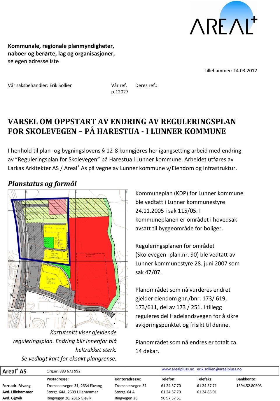 Reguleringsplan for Skolevegen på Harestua i Lunner kommune. Arbeidet utføres av Larkas Arkitekter AS / Areal + As på vegne av Lunner kommune v/eiendom og Infrastruktur.