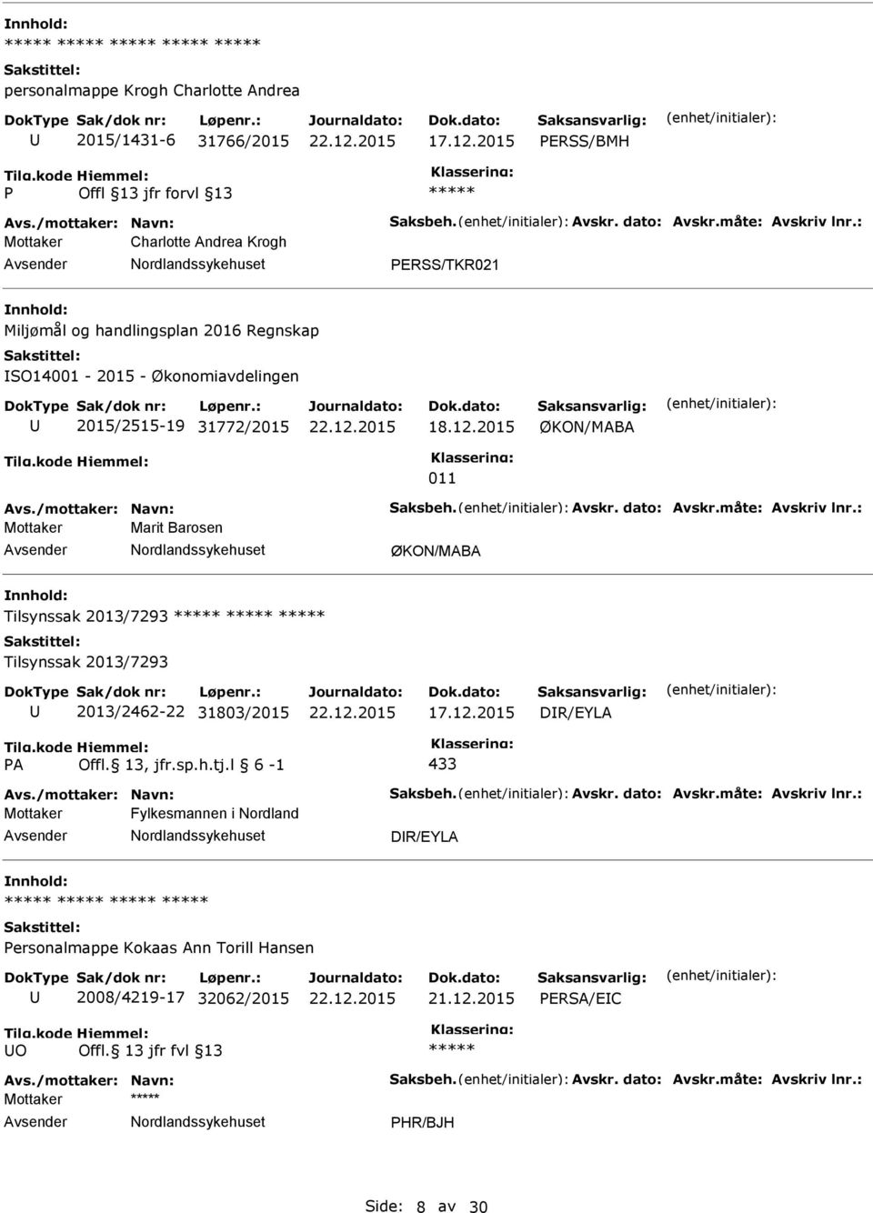 2015 ØKON/MABA 011 Mottaker Marit Barosen ØKON/MABA Tilsynssak 2013/7293 Tilsynssak 2013/7293 2013/2462-22 31803/2015 DR/EYLA A Offl.