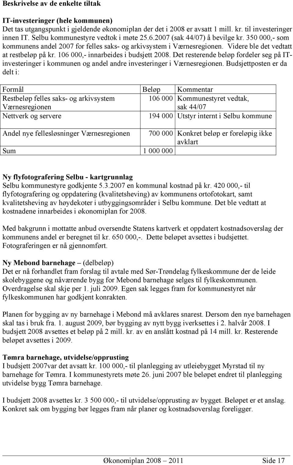 106 000,- innarbeides i budsjett 2008. Det resterende beløp fordeler seg på ITinvesteringer i kommunen og andel andre investeringer i Værnesregionen.