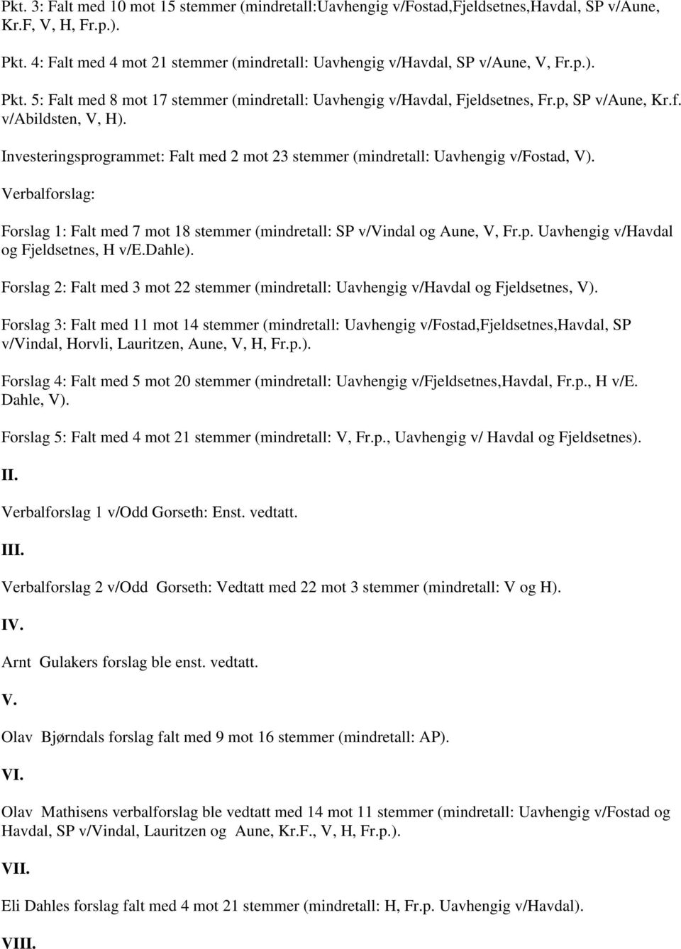 v/abildsten, V, H). Investeringsprogrammet: Falt med 2 mot 23 stemmer (mindretall: Uavhengig v/fostad, V). Verbalforslag: Forslag 1: Falt med 7 mot 18 stemmer (mindretall: SP v/vindal og Aune, V, Fr.