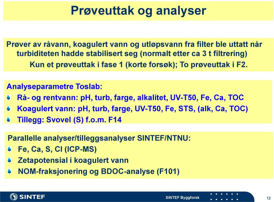 Analyseparametre Toslab: Rå- og rentvann: ph, turb, farge, alkalitet, UV-T50, Fe, Ca, TOC Koagulert vann: ph, turb, farge, UV-T50, Fe, STS,