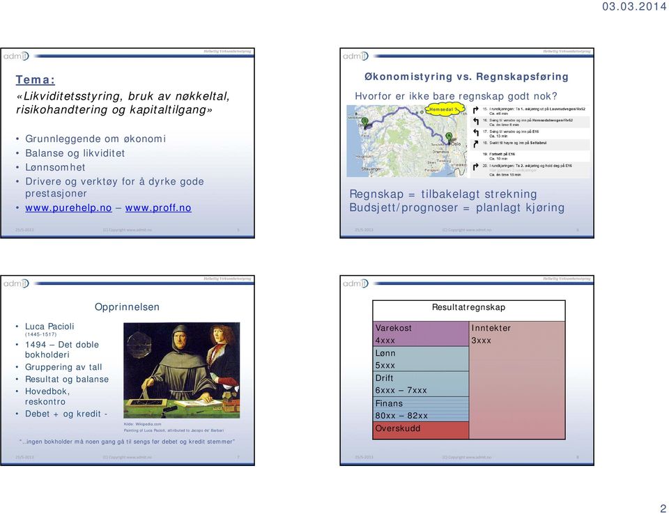 no Regnskap = tilbakelagt strekning Budsjett/prognoser = planlagt kjøring 5 6 Opprinnelsen Resultatregnskap Luca Pacioli (1445-1517) 1494 Det doble bokholderi Gruppering av tall Resultat og