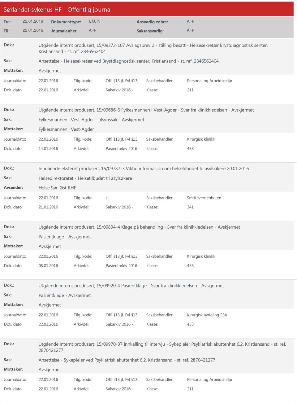 2846562404 tgående internt produsert, 15/096866 Fylkesmannen i VestAgder Svar fra klinikkledelsen Fylkesmannen i VestAgder tilsynssak Fylkesmannen i VestAgder Kirurgisk klinikk Dok. dato: 14.01.