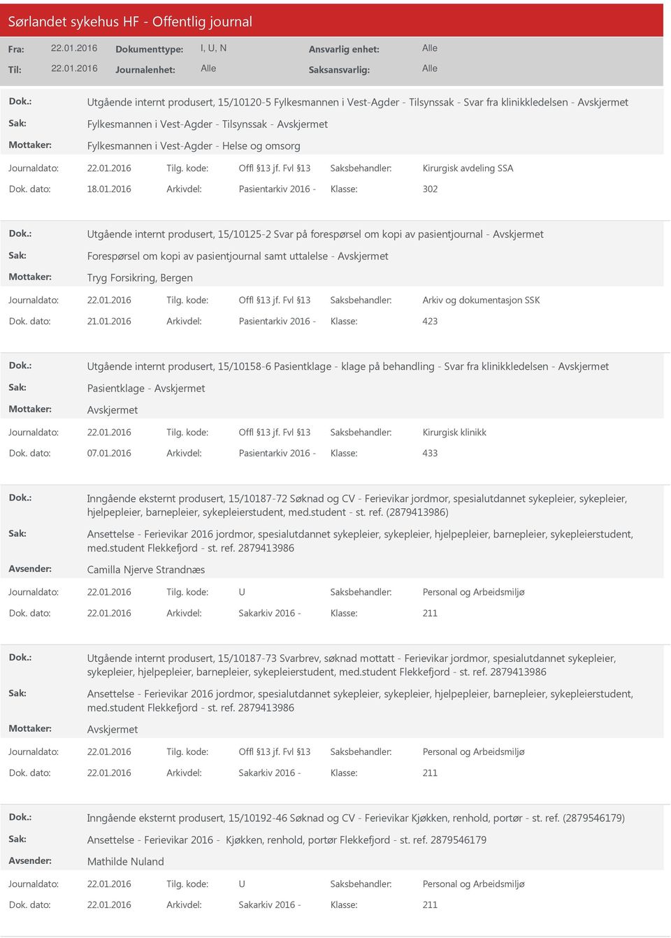 2016 Arkivdel: Pasientarkiv 2016 Klasse: 302 tgående internt produsert, 15/101252 Svar på forespørsel om kopi av pasientjournal Forespørsel om kopi av pasientjournal samt uttalelse Tryg Forsikring,