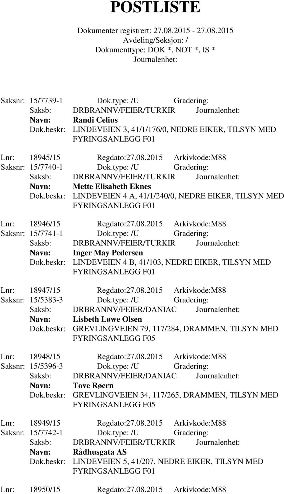 type: /U Gradering: Navn: Inger May Pedersen Dok.beskr: LINDEVEIEN 4 B, 41/103, NEDRE EIKER, TILSYN MED Lnr: 18947/15 Regdato:27.08.2015 Arkivkode:M88 Saksnr: 15/5383-3 Dok.