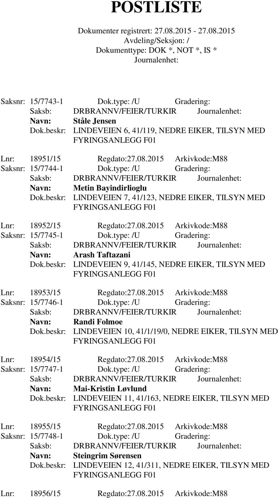 type: /U Gradering: Navn: Arash Taftazani Dok.beskr: LINDEVEIEN 9, 41/145, NEDRE EIKER, TILSYN MED Lnr: 18953/15 Regdato:27.08.2015 Arkivkode:M88 Saksnr: 15/7746-1 Dok.