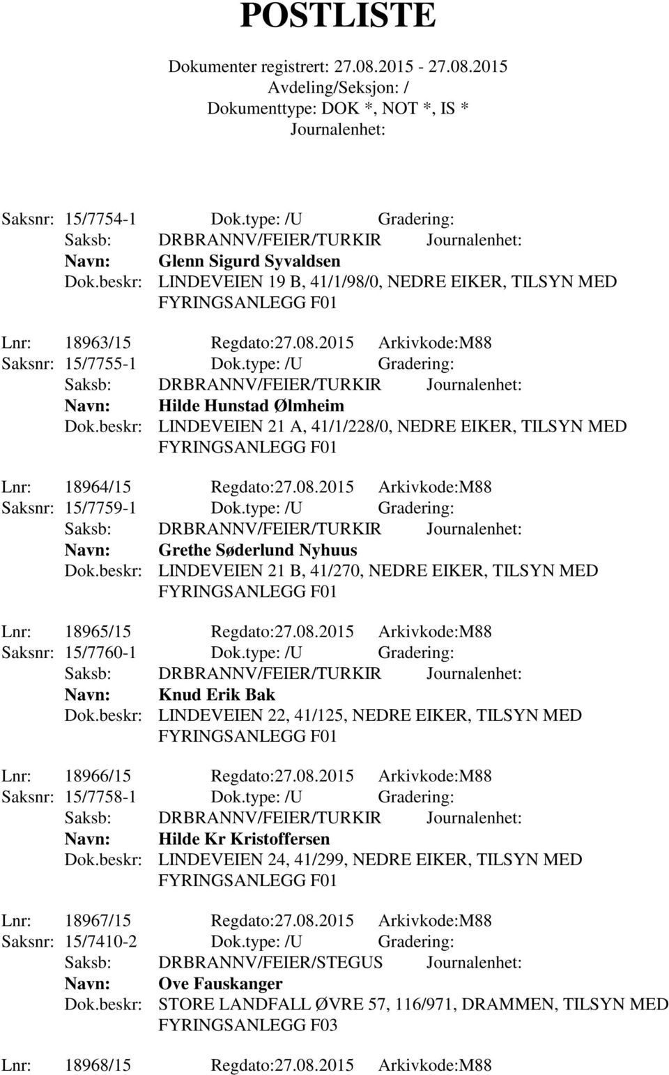 2015 Arkivkode:M88 Saksnr: 15/7759-1 Dok.type: /U Gradering: Navn: Grethe Søderlund Nyhuus Dok.beskr: LINDEVEIEN 21 B, 41/270, NEDRE EIKER, TILSYN MED Lnr: 18965/15 Regdato:27.08.
