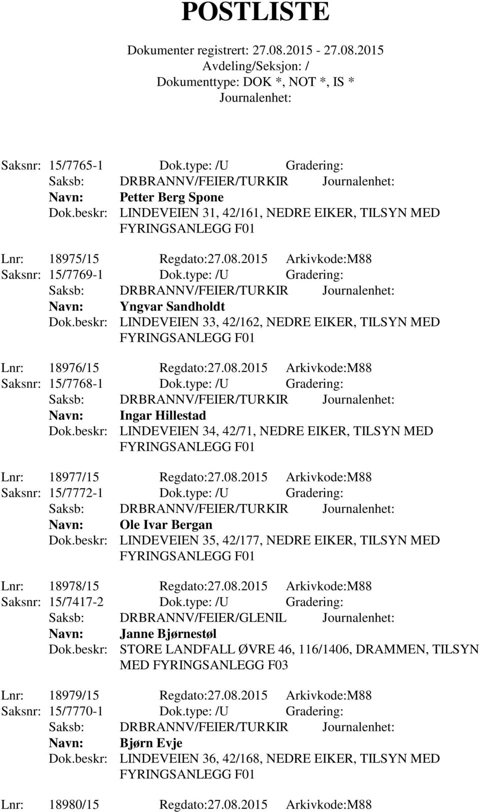 type: /U Gradering: Navn: Ingar Hillestad Dok.beskr: LINDEVEIEN 34, 42/71, NEDRE EIKER, TILSYN MED Lnr: 18977/15 Regdato:27.08.2015 Arkivkode:M88 Saksnr: 15/7772-1 Dok.