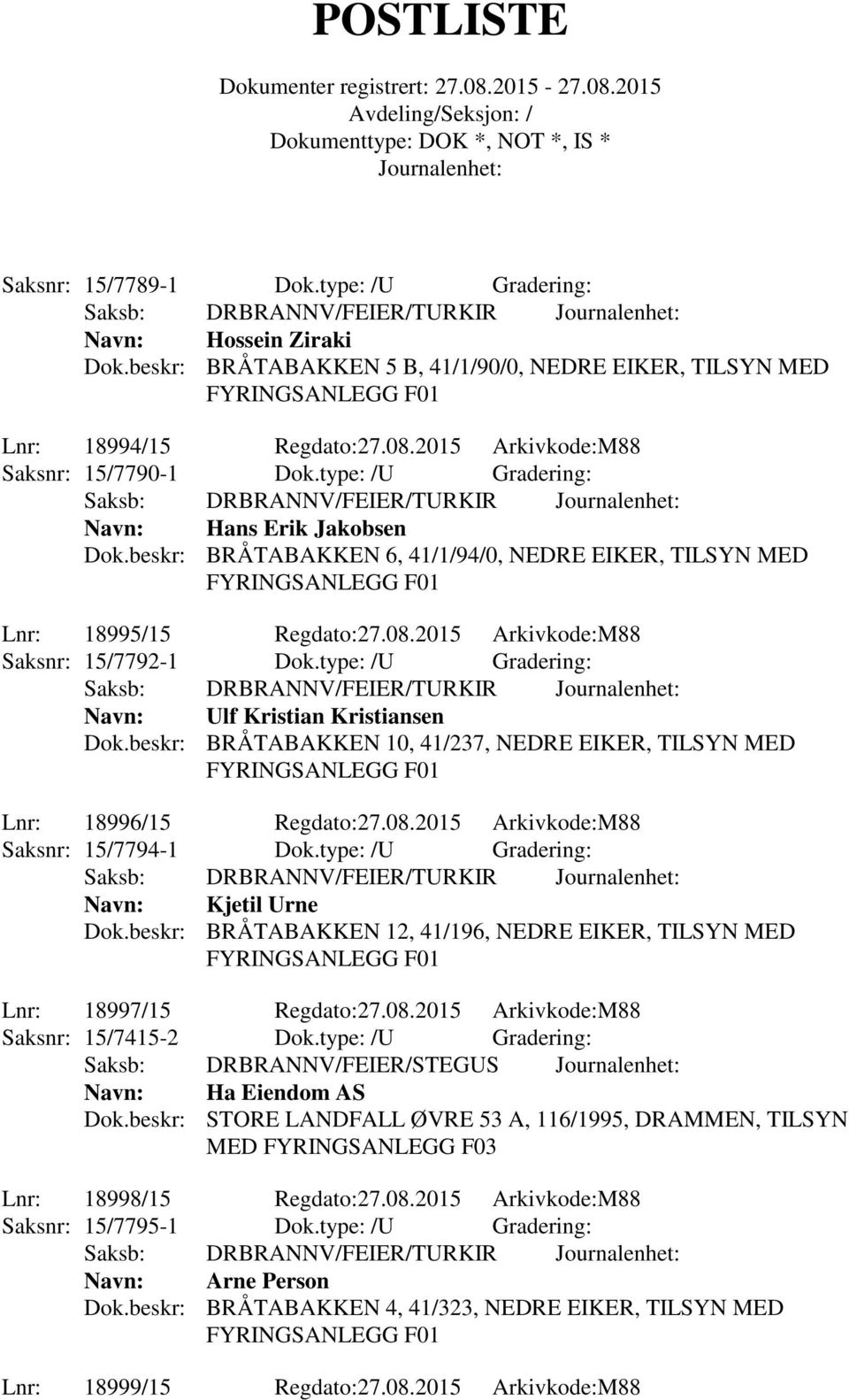 type: /U Gradering: Navn: Ulf Kristian Kristiansen Dok.beskr: BRÅTABAKKEN 10, 41/237, NEDRE EIKER, TILSYN MED Lnr: 18996/15 Regdato:27.08.2015 Arkivkode:M88 Saksnr: 15/7794-1 Dok.