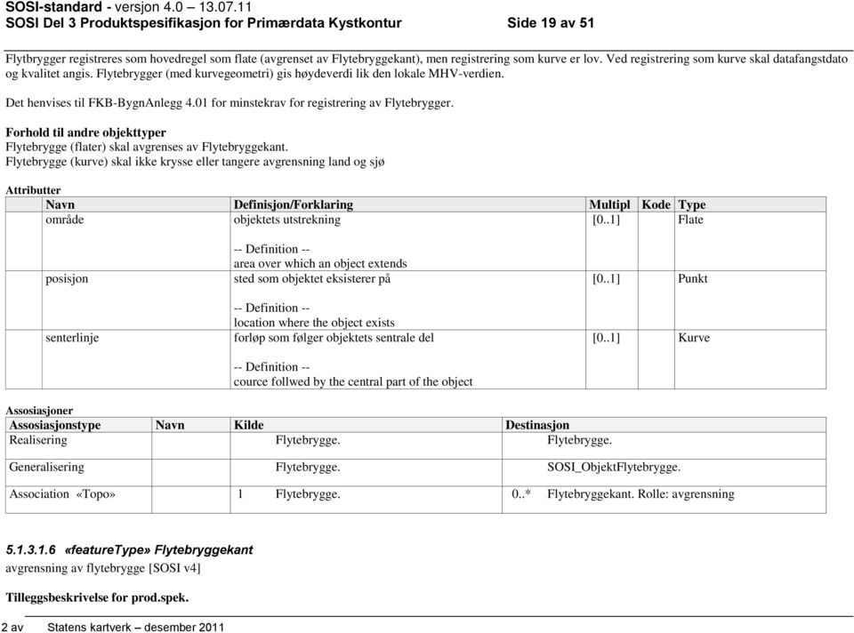 01 for minstekrav for registrering av Flytebrygger. Forhold til andre objekttyper Flytebrygge (flater) skal avgrenses av Flytebryggekant.