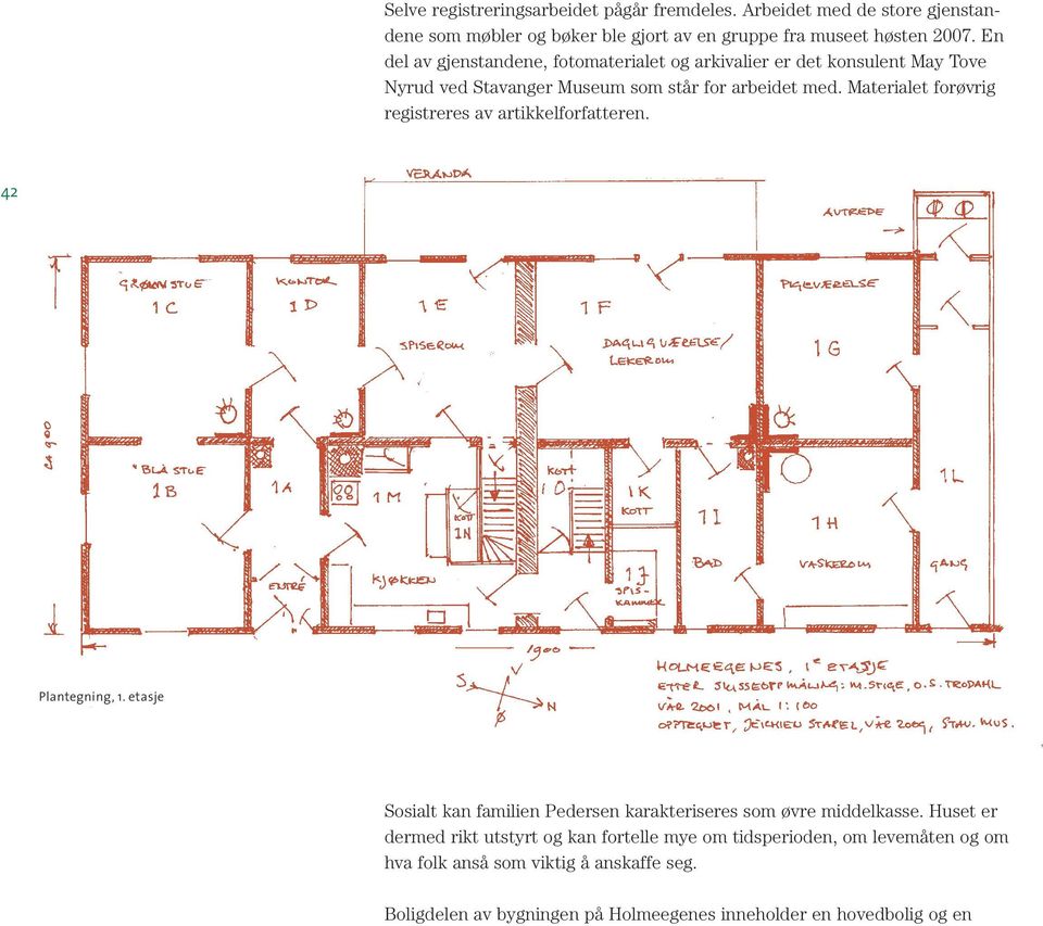 Materialet forøvrig registreres av artikkelforfatteren. 42 Plantegning, 1. etasje Sosialt kan familien Pedersen karakteriseres som øvre middelkasse.