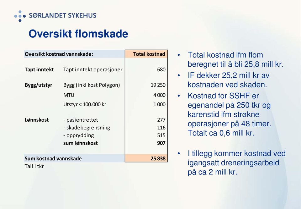 000 kr 1 000 Lønnskost - pasientrettet 277 - skadebegrensning 116 - opprydding 515 sum lønnskost 907 Sum kostnad vannskade 25 838 Tall i tkr Total