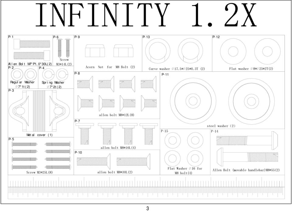 3T (2) P- 11 Flat washer 8* 25*2T(2) Regul ar Washer 7*1t ( 2) P- 3 Spr i ng Washer 7*2t ( 2) allen bolt