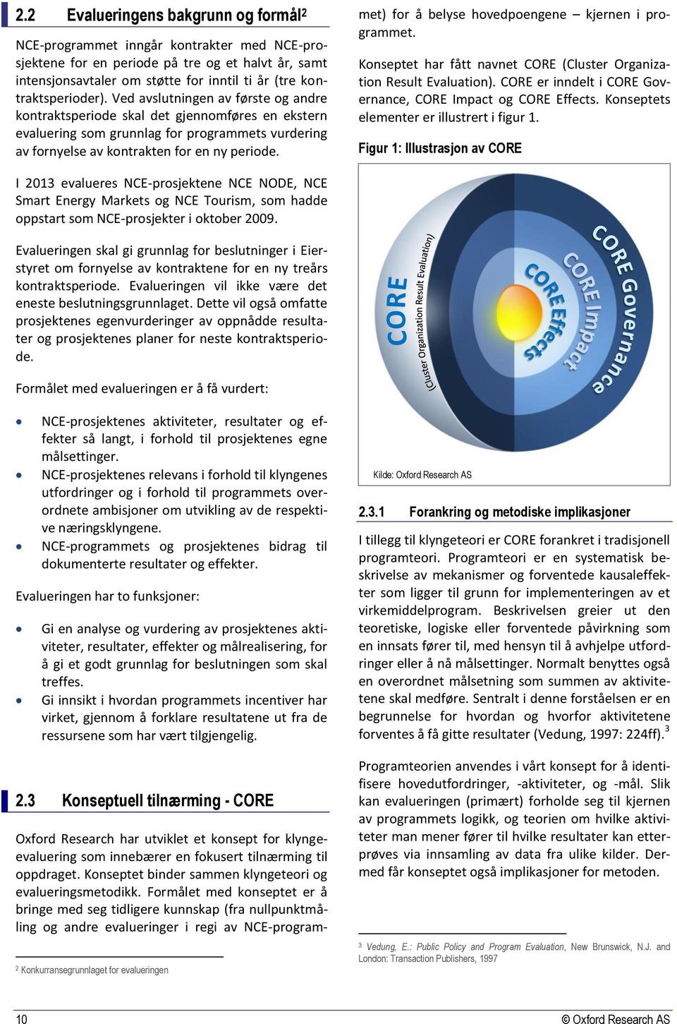 met) for å belyse hovedpoengene kjernen i programmet. Konseptet har fått navnet CORE (Cluster Organization Result Evaluation). CORE er inndelt i CORE Governance, CORE Impact og CORE Effects.