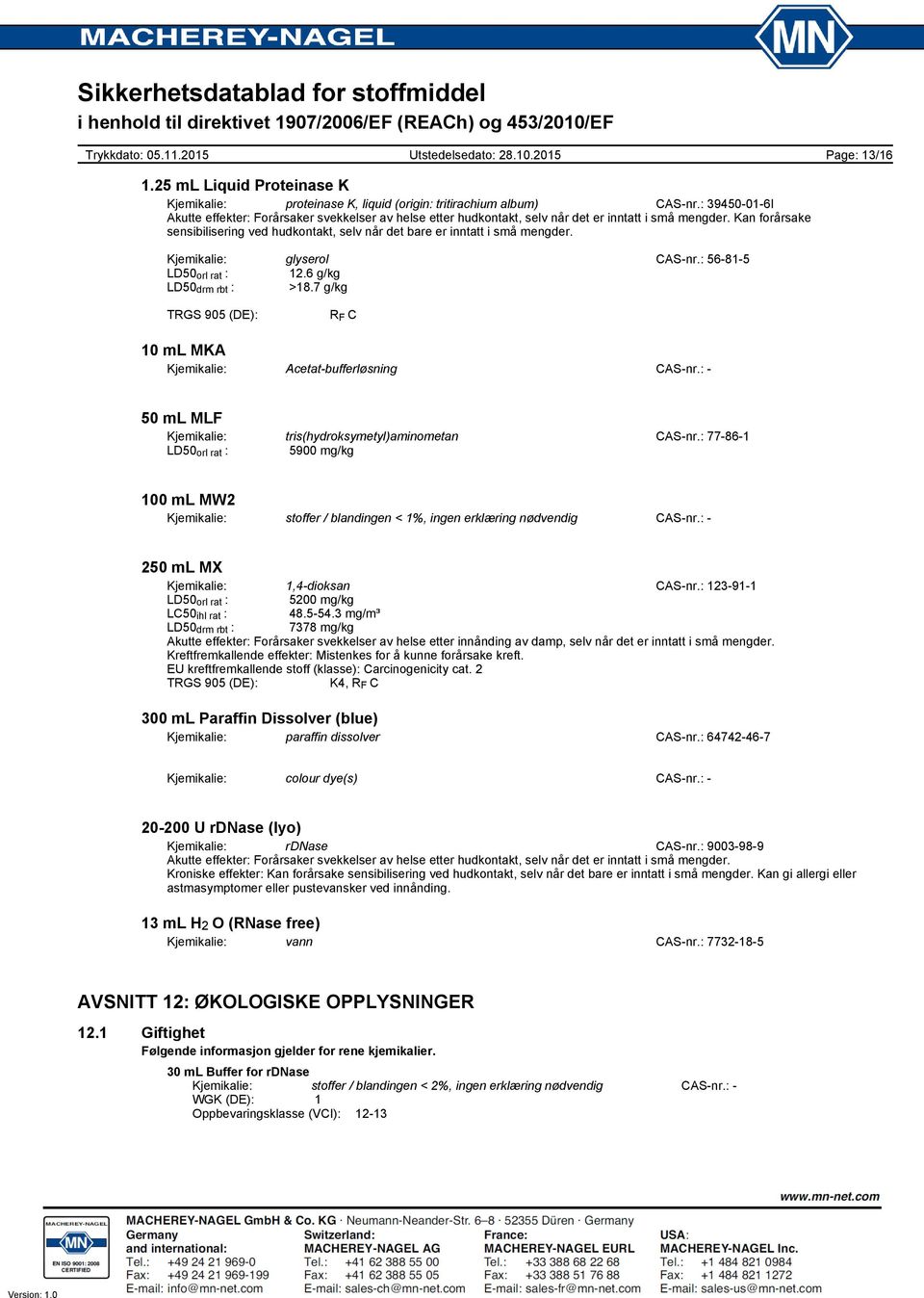 Kan forårsake sensibilisering ved hudkontakt, selv når det bare er inntatt i små mengder. Kjemikalie: glyserol CASnr.: 56815 LD50 orl rat : 12.6 g/kg LD50 drm rbt : >18.