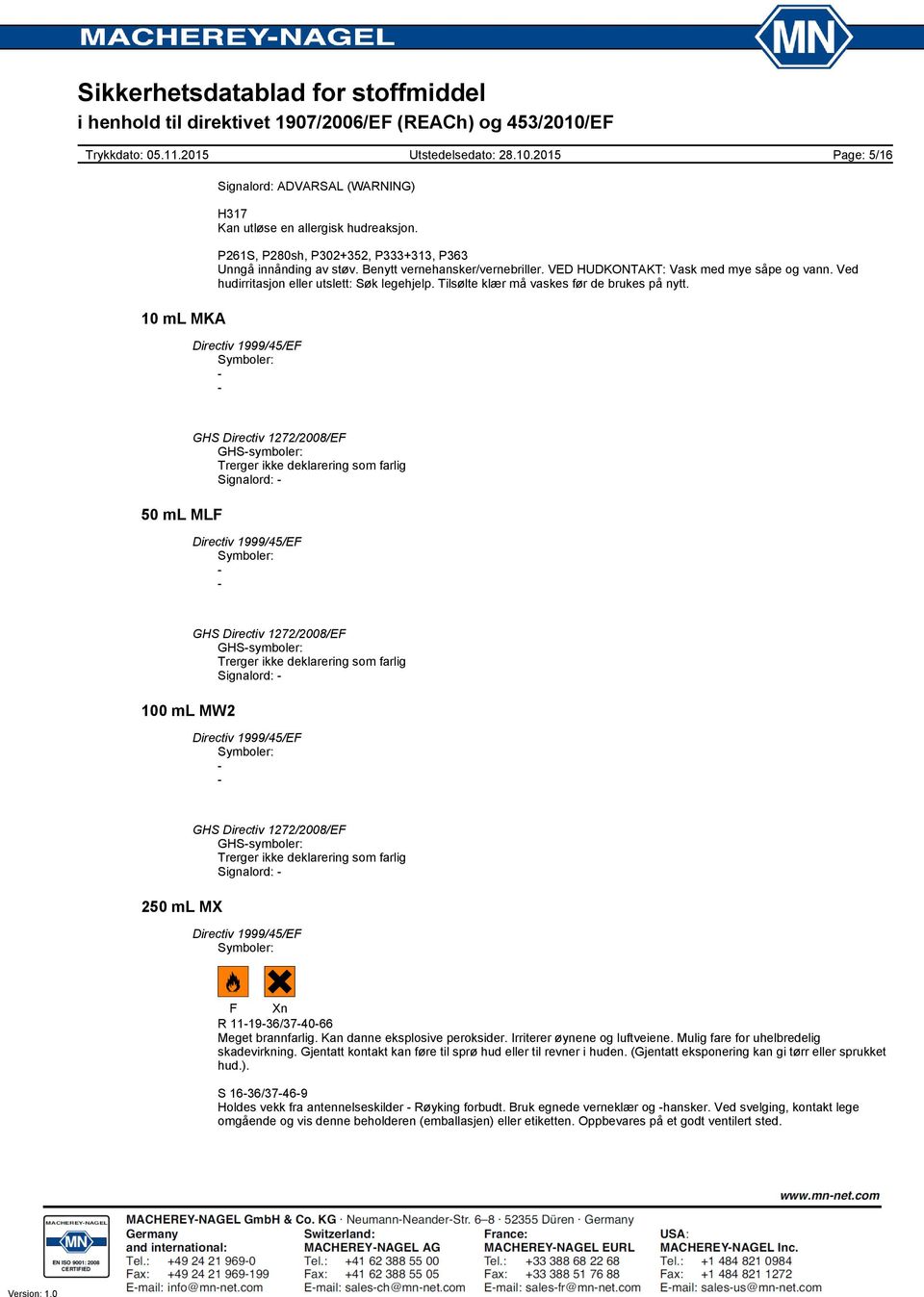 : 50 ml MLF GHSsymboler: Signalord: : 100 ml MW2 GHSsymboler: Signalord: : 250 ml MX GHSsymboler: Signalord: : F Xn R 111936/374066 Meget brannfarlig. Kan danne eksplosive peroksider.