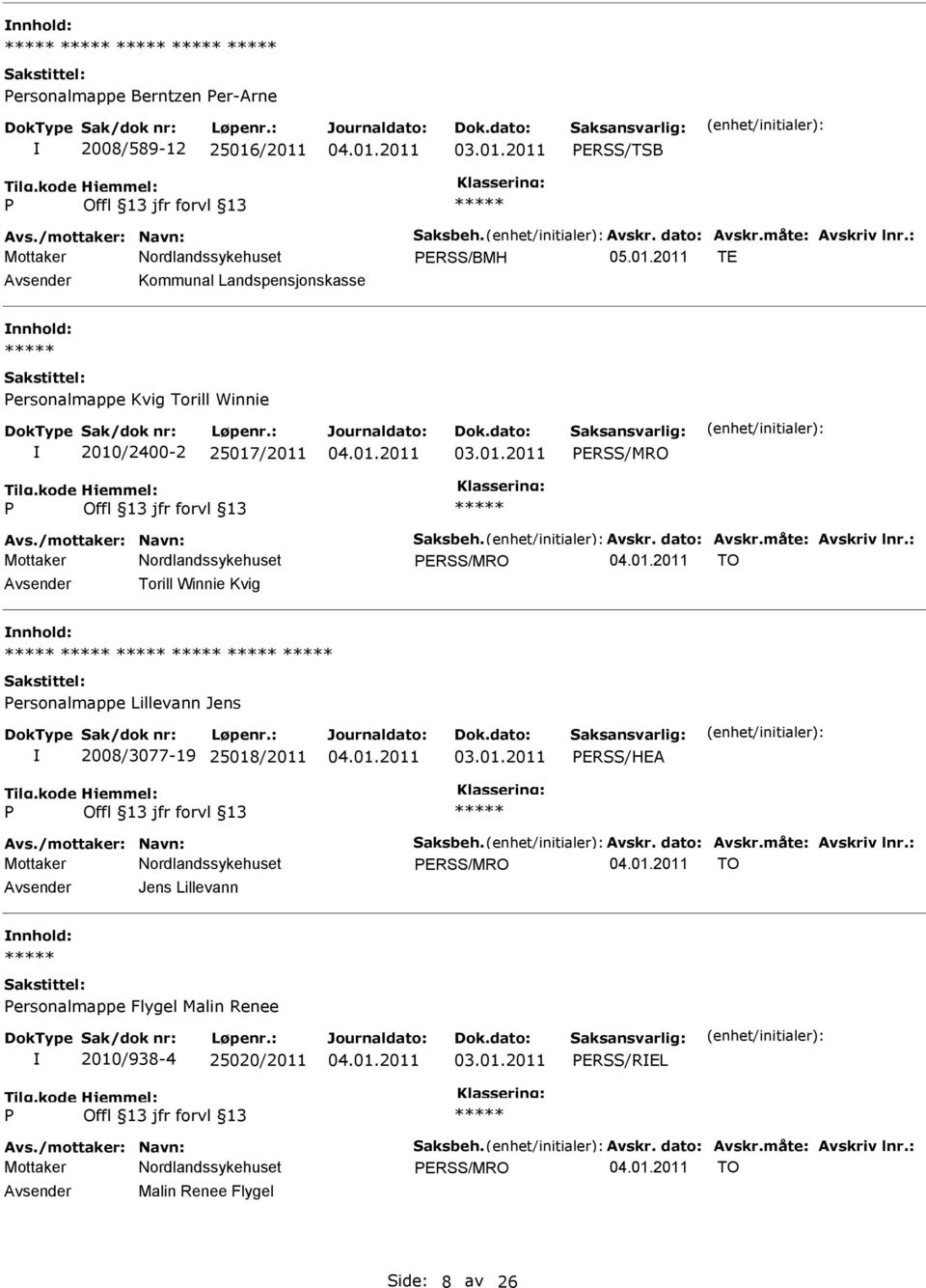 2010/2400-2 25017/2011 ERSS/MRO ERSS/MRO TO Avsender Torill Winnie Kvig nnhold: ersonalmappe Lillevann Jens