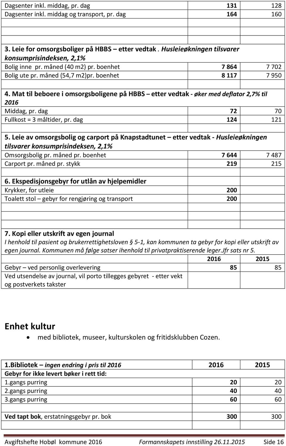 Mat til beboere i omsorgsboligene på HBBS etter vedtak - øker med deflator 2,7% til 2016 Middag, pr. dag 72 70 Fullkost = 3 måltider, pr. dag 124 121 5.