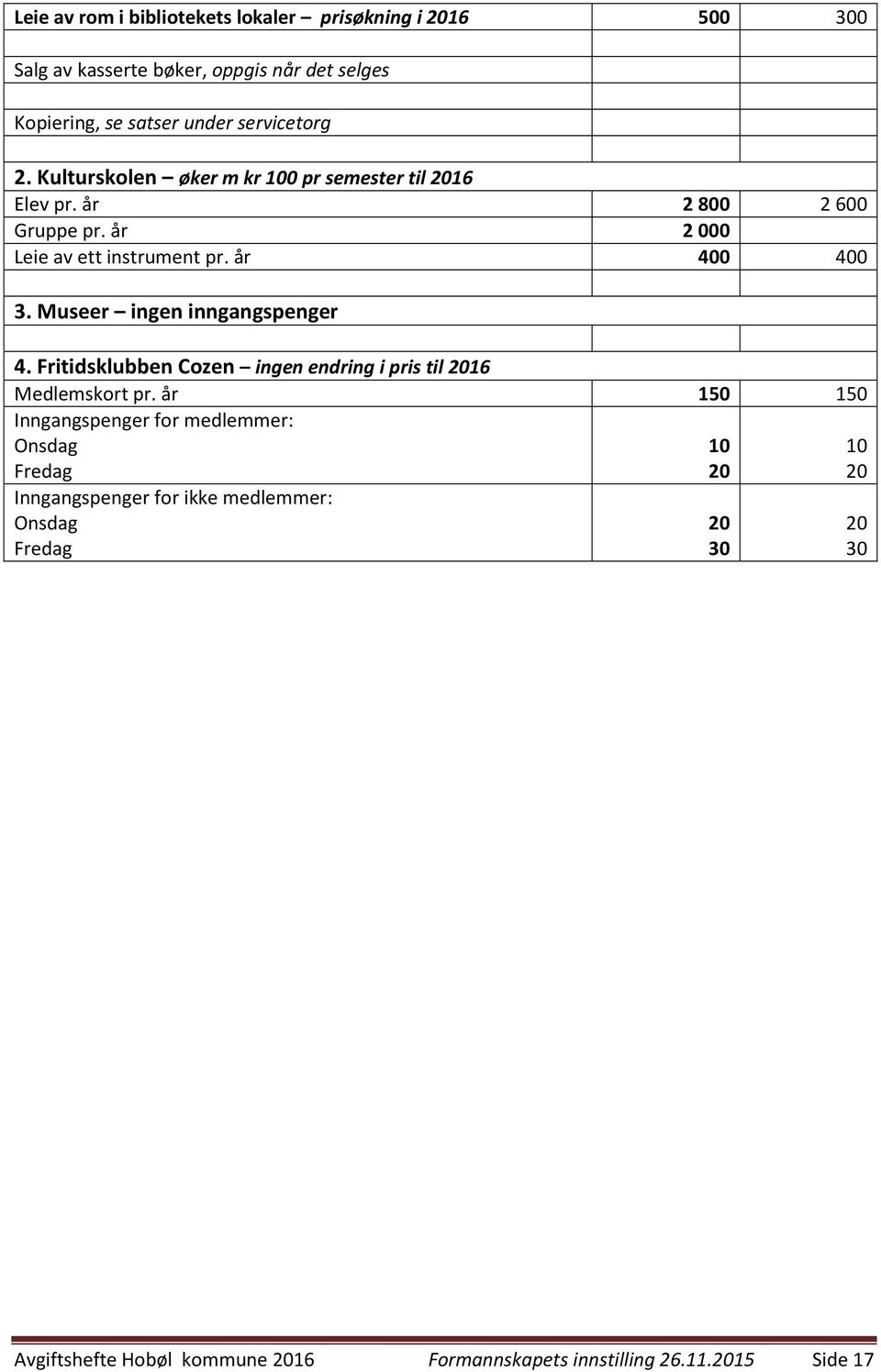 Museer ingen inngangspenger 4. Fritidsklubben Cozen ingen endring i pris til 2016 Medlemskort pr.