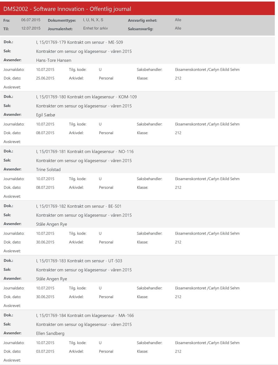 2015 Arkivdel: Personal I, 15/01769-181 Kontrakt om klagesensur - NO-116 Kontrakter om sensur og klagesensur - våren 2015 Trine Solstad Eksamenskontoret /Carlyn Eikild Sehm Dok. dato: 08.07.