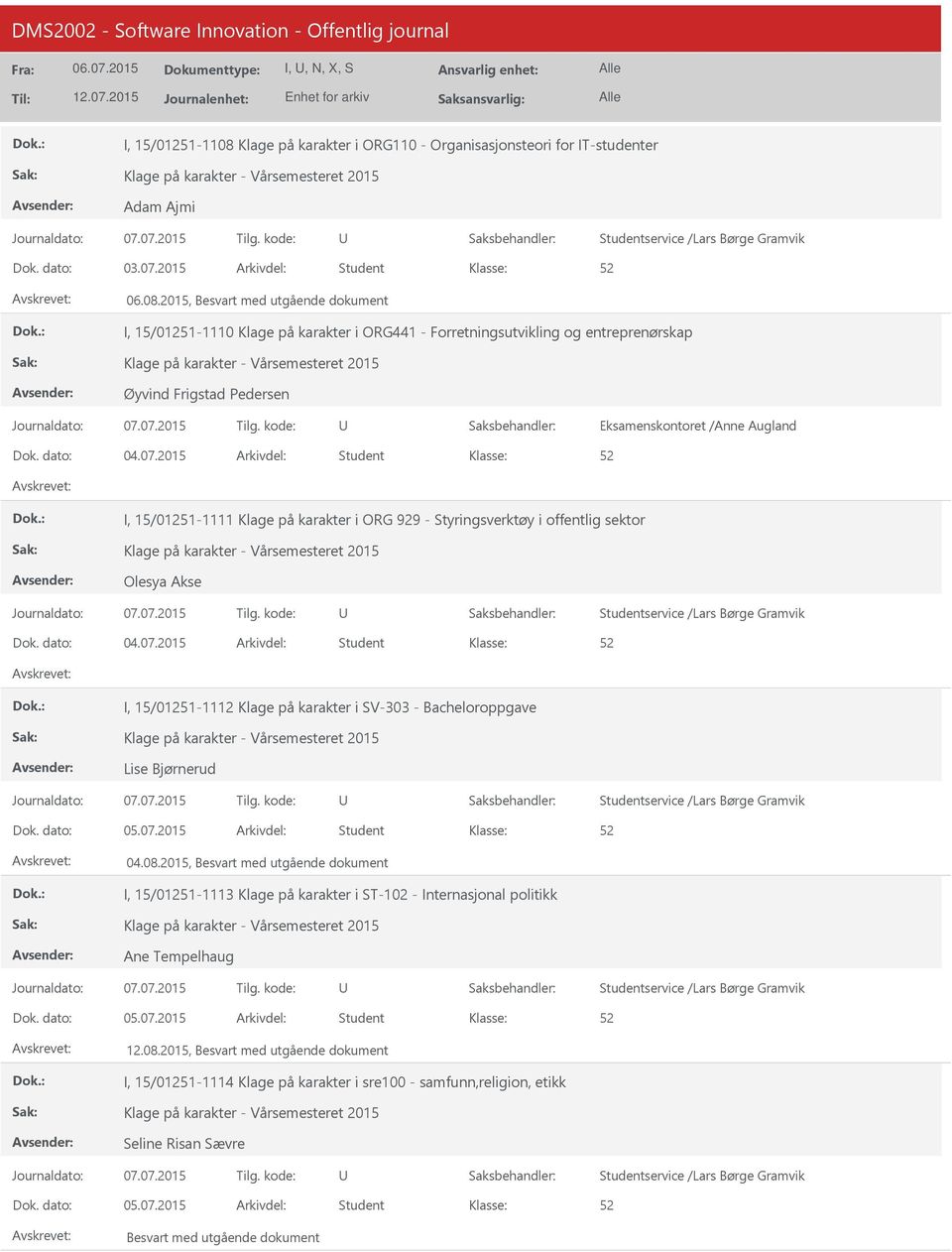 dato: 05.07.2015 Arkivdel: Student 04.08.2015, Besvart med utgående dokument I, 15/01251-1113 Klage på karakter i ST-102 - Internasjonal politikk Ane Tempelhaug Dok. dato: 05.07.2015 Arkivdel: Student 12.