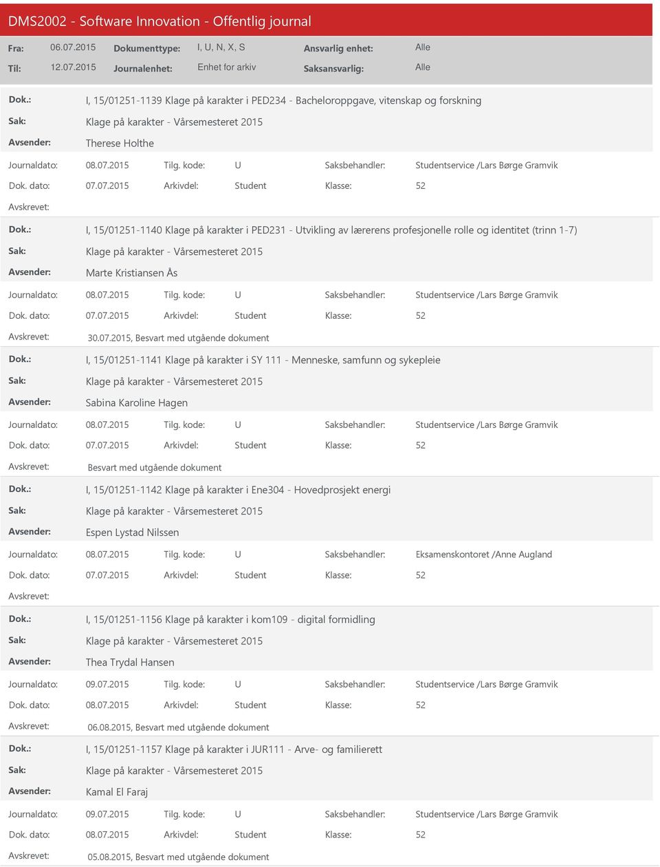 2015, Besvart med utgående dokument I, 15/01251-1141 Klage på karakter i SY 111 - Menneske, samfunn og sykepleie Sabina Karoline Hagen Besvart med utgående dokument I, 15/01251-1142 Klage på karakter