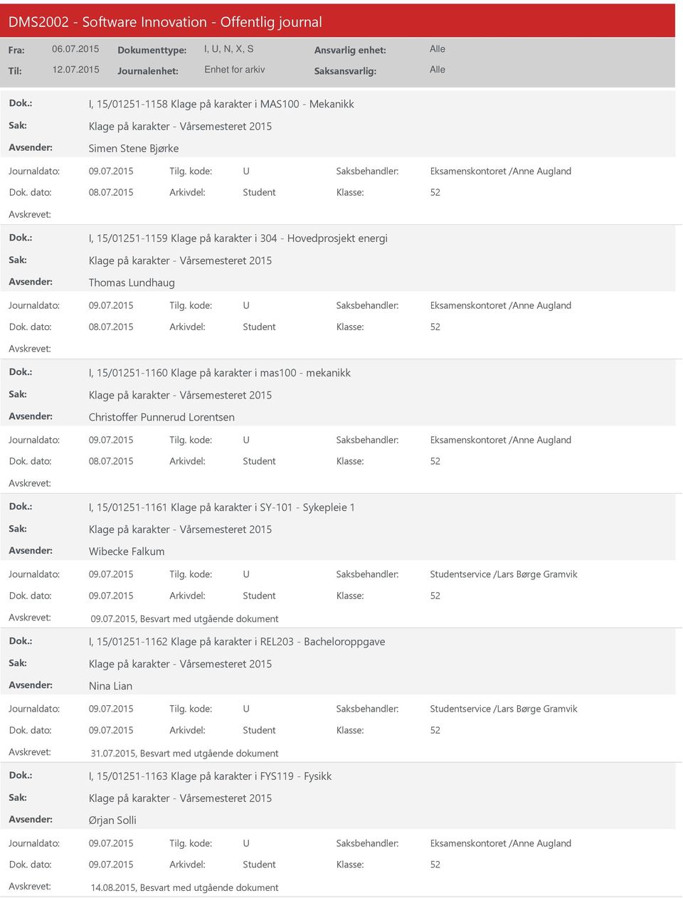 2015 Arkivdel: Student I, 15/01251-1160 Klage på karakter i mas100 - mekanikk Christoffer Punnerud Lorentsen Dok. dato: 08.07.