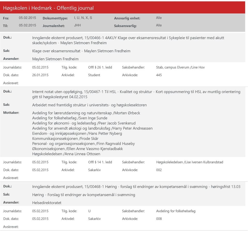 2015 Arkivdel: Student Internt notat uten oppfølging, 15/00467-1 Til HSL - Kvalitet og struktur - Kort oppsummering til HSL av muntlig orientering gitt til høgskolestyret 04.02.