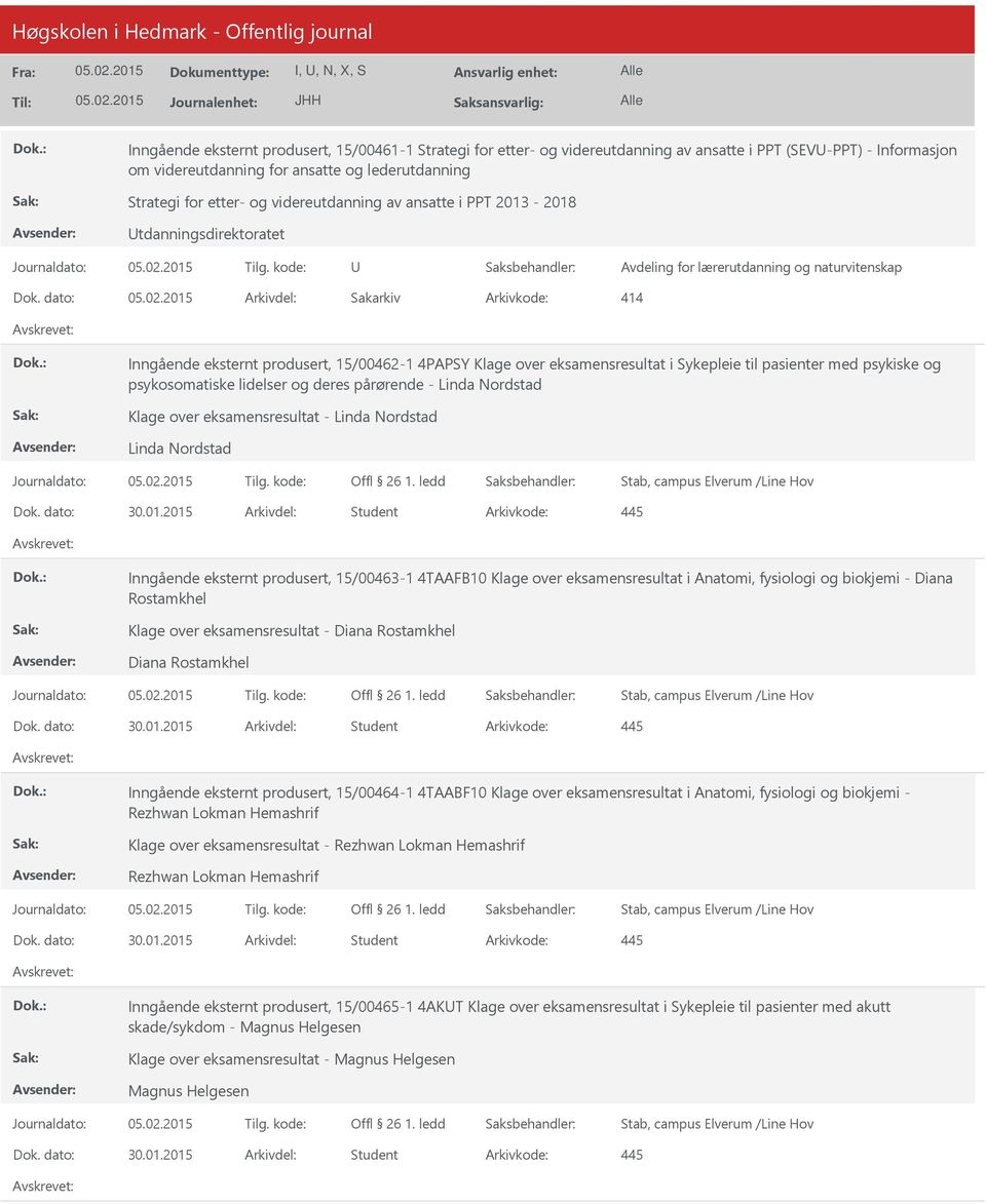 dato: Arkivdel: Sakarkiv Arkivkode: 414 Inngående eksternt produsert, 15/00462-1 4PAPSY Klage over eksamensresultat i Sykepleie til pasienter med psykiske og psykosomatiske lidelser og deres