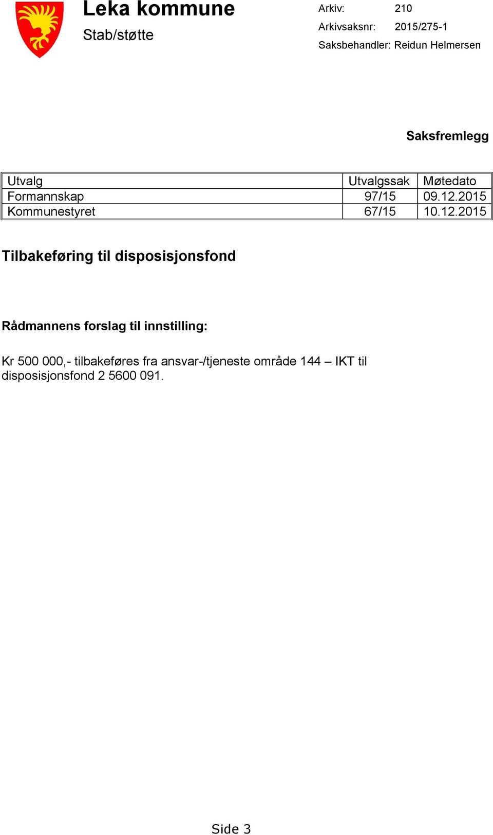 2015 Kommunestyret 67/15 10.12.