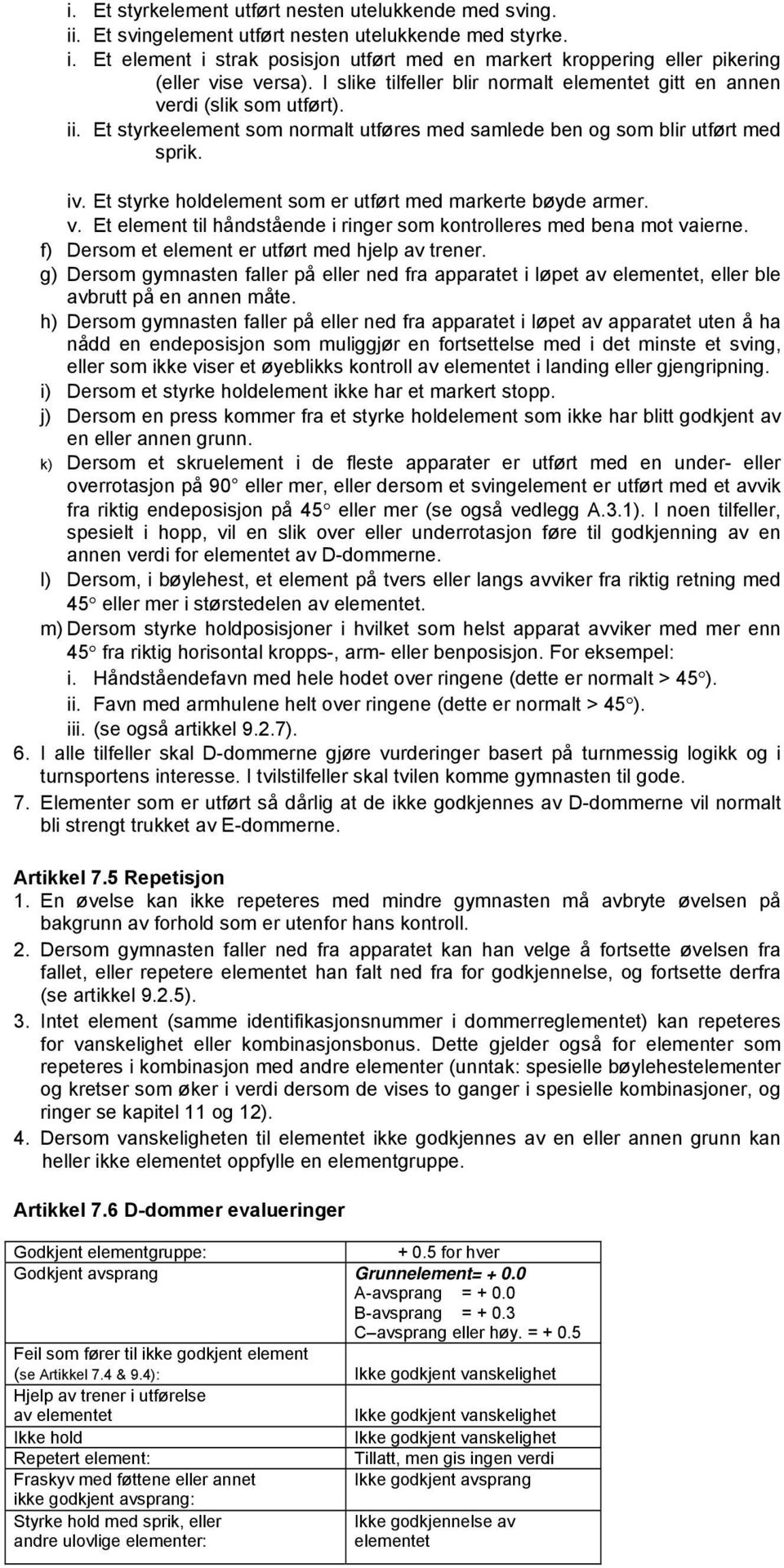 Et styrke holdelement som er utført med markerte bøyde armer. v. Et element til håndstående i ringer som kontrolleres med bena mot vaierne. f) Dersom et element er utført med hjelp av trener.