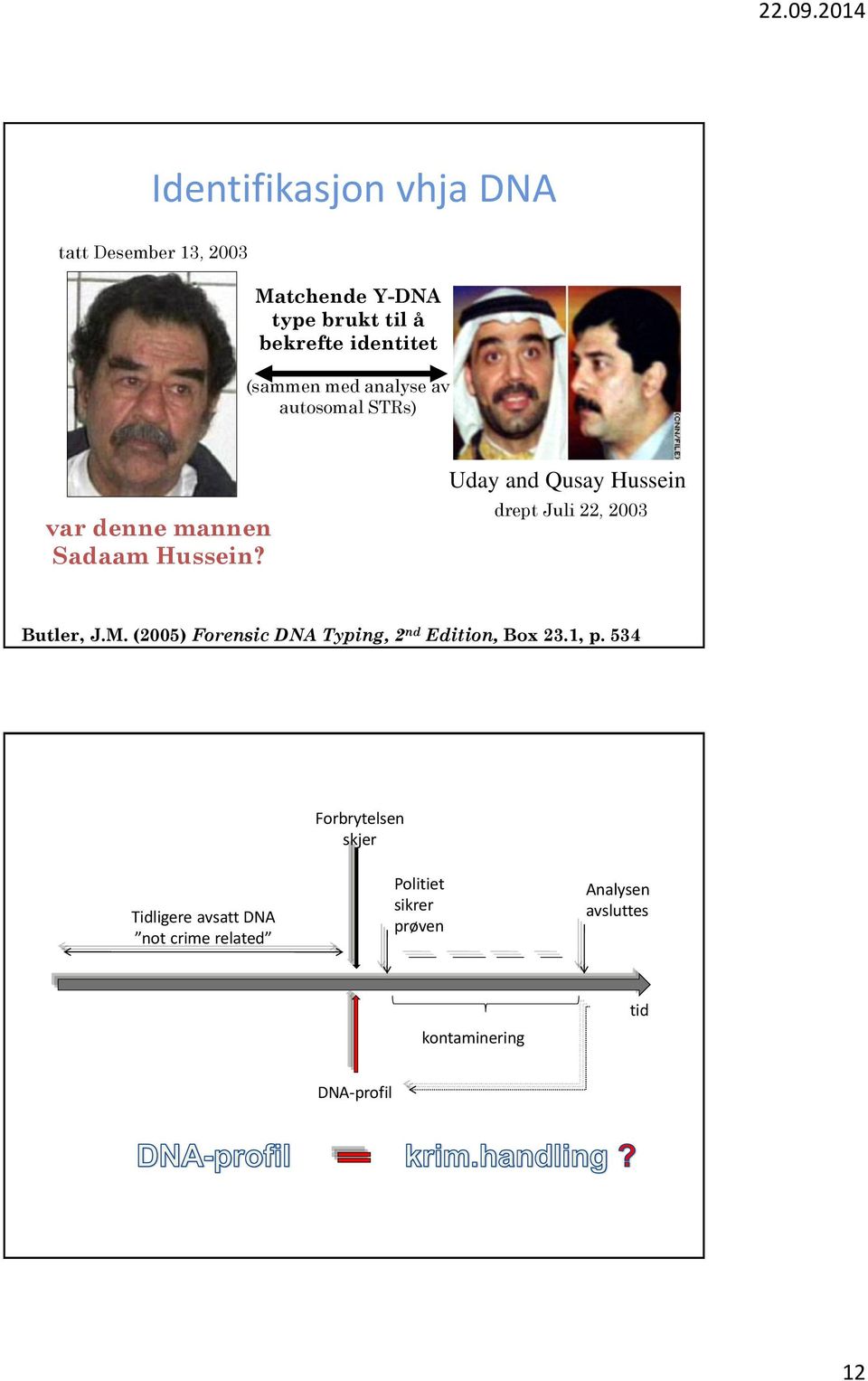 Uday and Qusay Hussein drept Juli 22, 2003 Butler, J.M. (2005) Forensic DNA Typing, 2 nd Edition, Box 23.