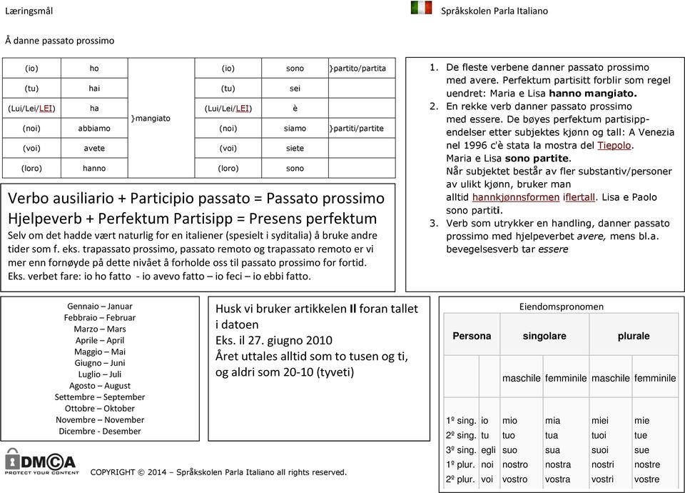 å bruke andre tider som f. eks. trapassato prossimo, passato remoto og trapassato remoto er vi mer enn fornøyde på dette nivået å forholde oss til passato prossimo for fortid. Eks.