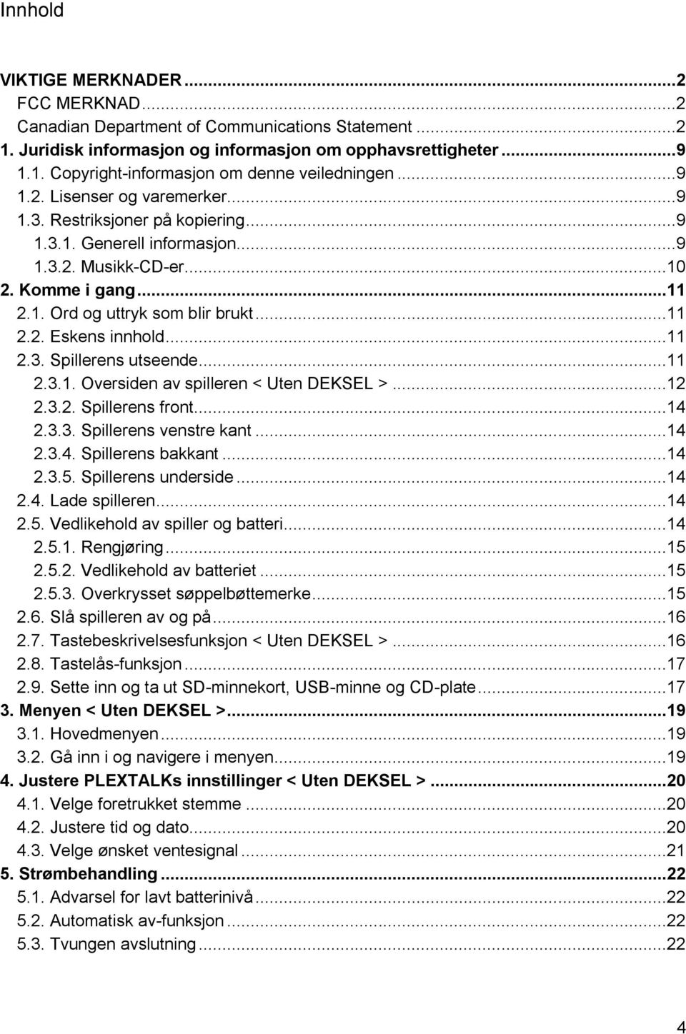 ..11 2.3. Spillerens utseende...11 2.3.1. Oversiden av spilleren < Uten DEKSEL >...12 2.3.2. Spillerens front...14 2.3.3. Spillerens venstre kant...14 2.3.4. Spillerens bakkant...14 2.3.5.