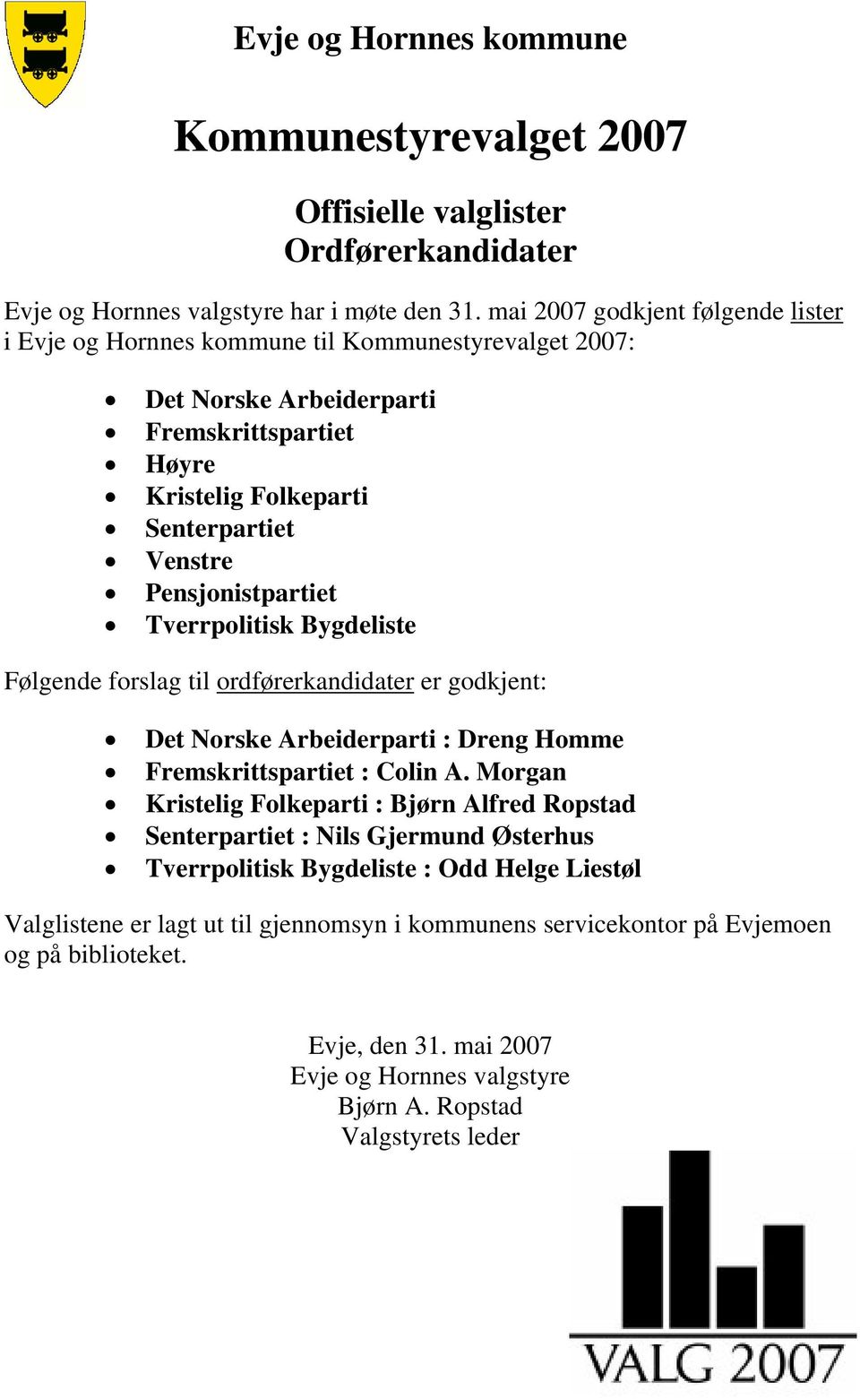 Bygdeliste Følgende forslag til ordførerkandidater er godkjent: Det Norske Arbeiderparti : Dreng Homme Fremskrittspartiet : Colin A.