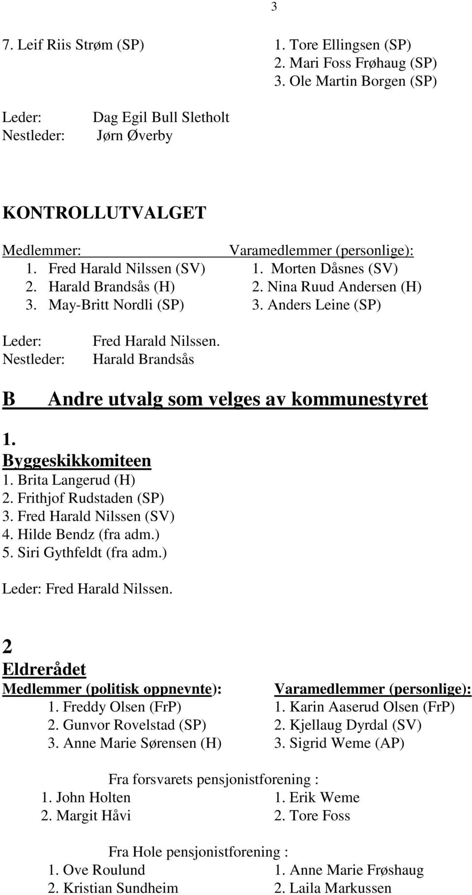 Nina Ruud Andersen (H) 3. May-Britt Nordli (SP) 3. Anders Leine (SP) Leder: Nestleder: Fred Harald Nilssen. Harald Brandsås B Andre utvalg som velges av kommunestyret 1. Byggeskikkomiteen 1.