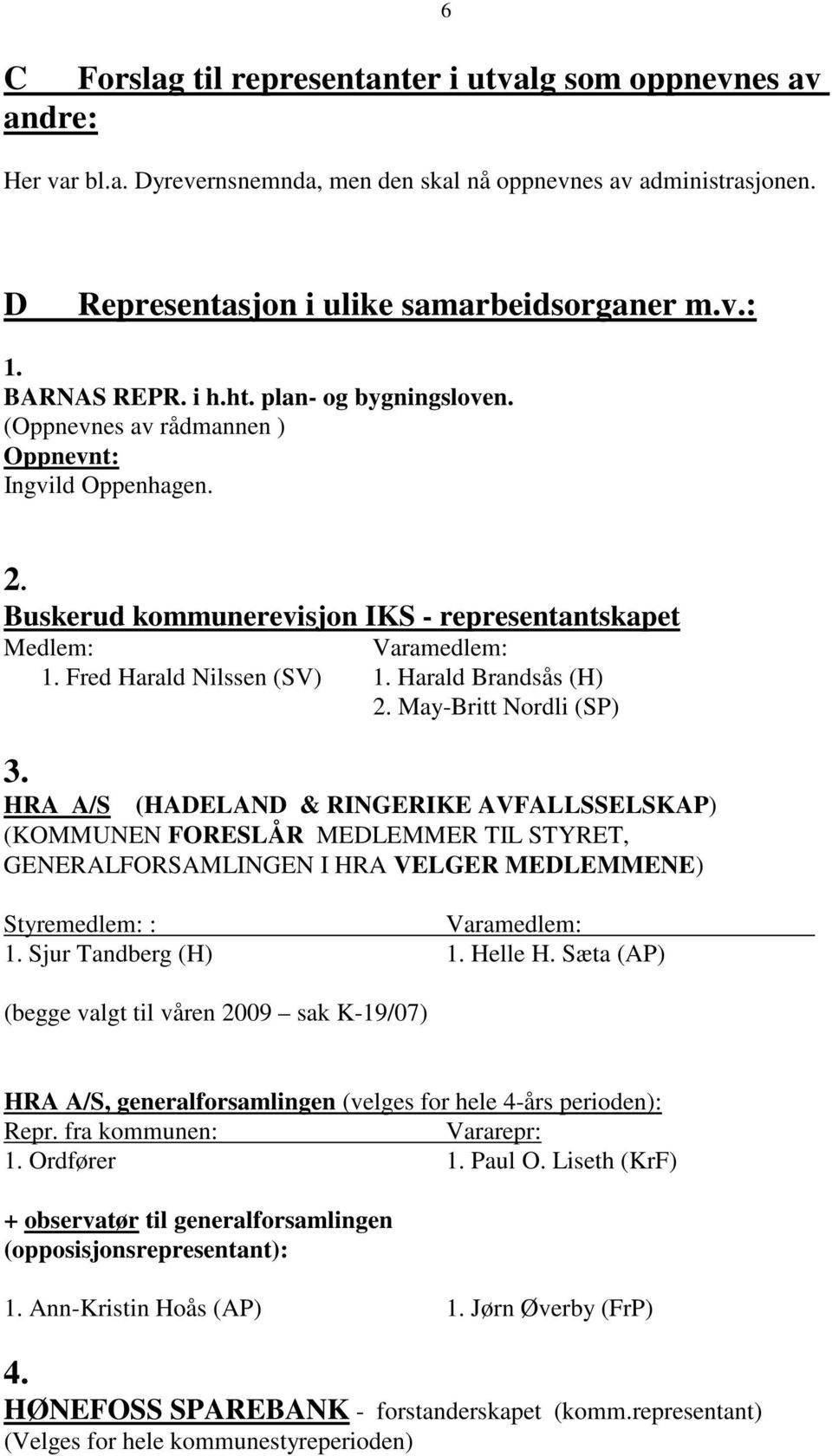 Harald Brandsås (H) 2. May-Britt Nordli (SP) 3. HRA A/S (HADELAND & RINGERIKE AVFALLSSELSKAP) (KOMMUNEN FORESLÅR MEDLEMMER TIL STYRET, GENERALFORSAMLINGEN I HRA VELGER MEDLEMMENE) Styremedlem: : 1.