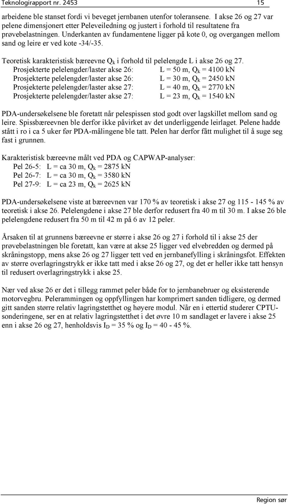 Underkanten av fundamentene ligger på kote 0, og overgangen mellom sand og leire er ved kote -34/-35. Teoretisk karakteristisk bæreevne Q k i forhold til pelelengde L i akse 26 og 27.