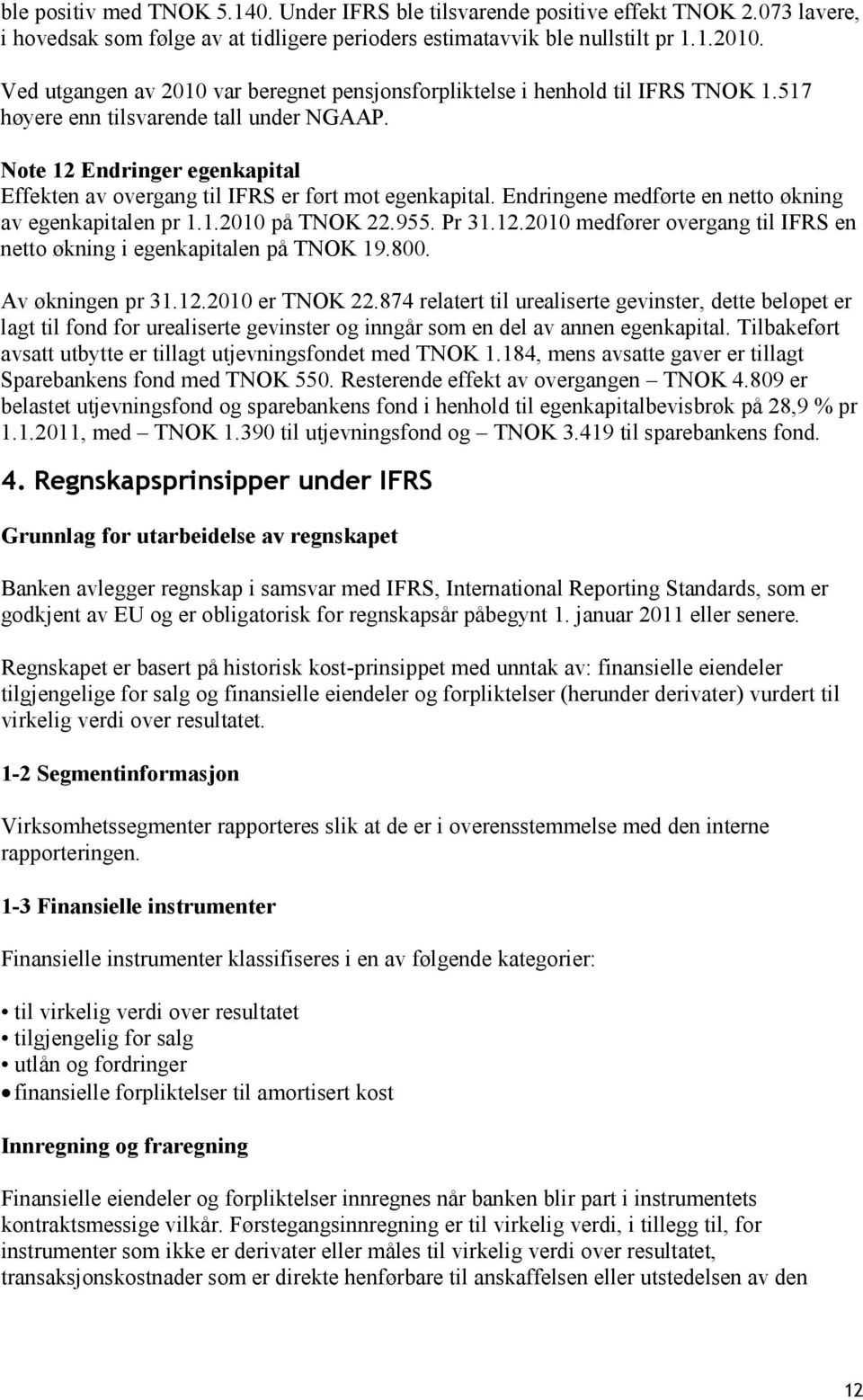 Note 12 Endringer egenkapital Effekten av overgang til IFRS er ført mot egenkapital. Endringene medførte en netto økning av egenkapitalen pr 1.1.2010 på TNOK 22.955. Pr 31.12.2010 medfører overgang til IFRS en netto økning i egenkapitalen på TNOK 19.