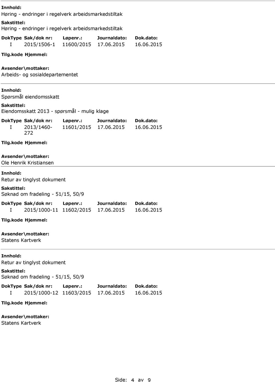 2013/1460-272 11601/2015 Ole Henrik Kristiansen Retur av tinglyst dokument Søknad om fradeling - 51/15, 50/9 2015/1000-11