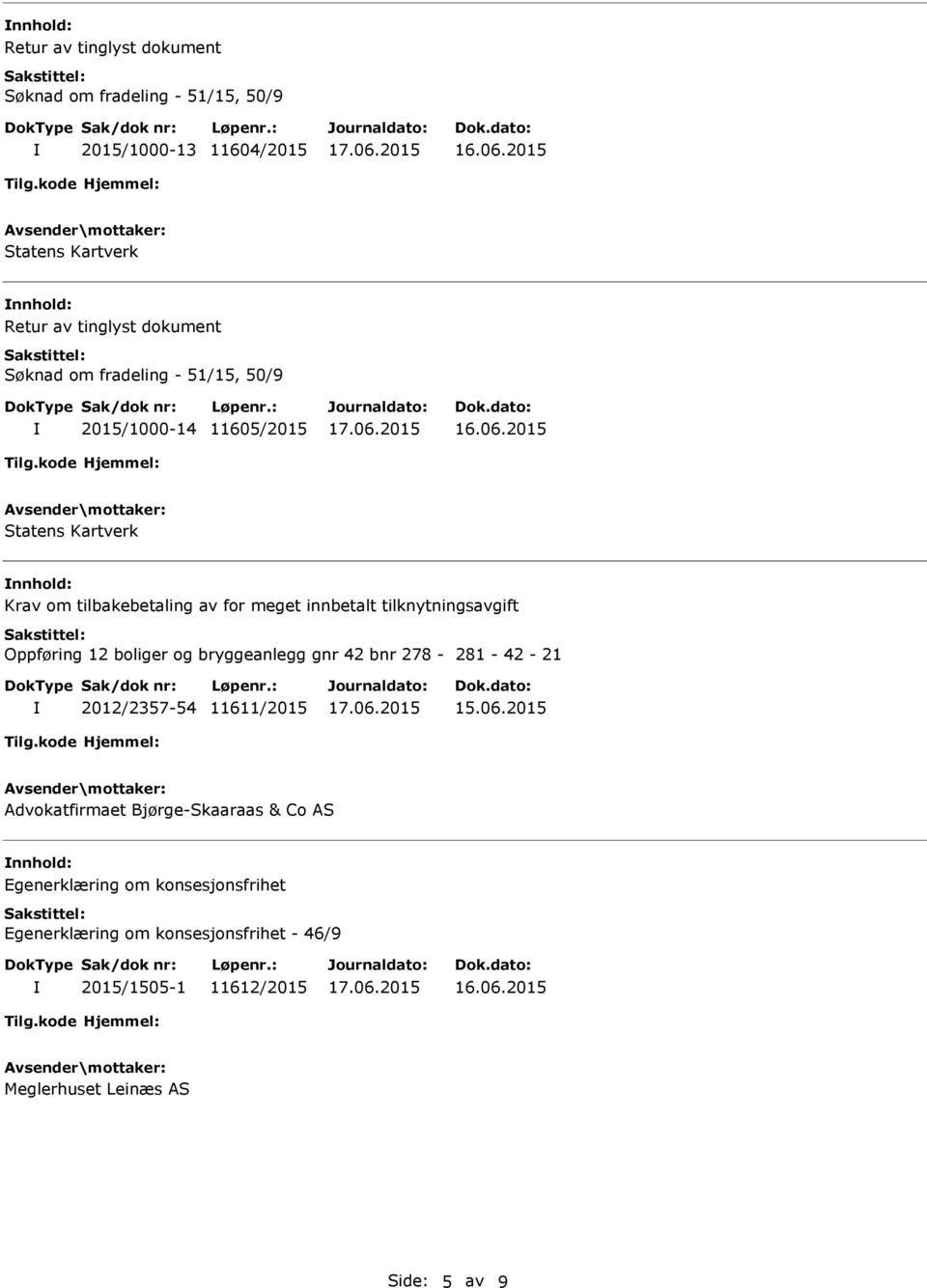 tilknytningsavgift Oppføring 12 boliger og bryggeanlegg gnr 42 bnr 278-281 - 42-21 2012/2357-54 11611/2015 15.06.