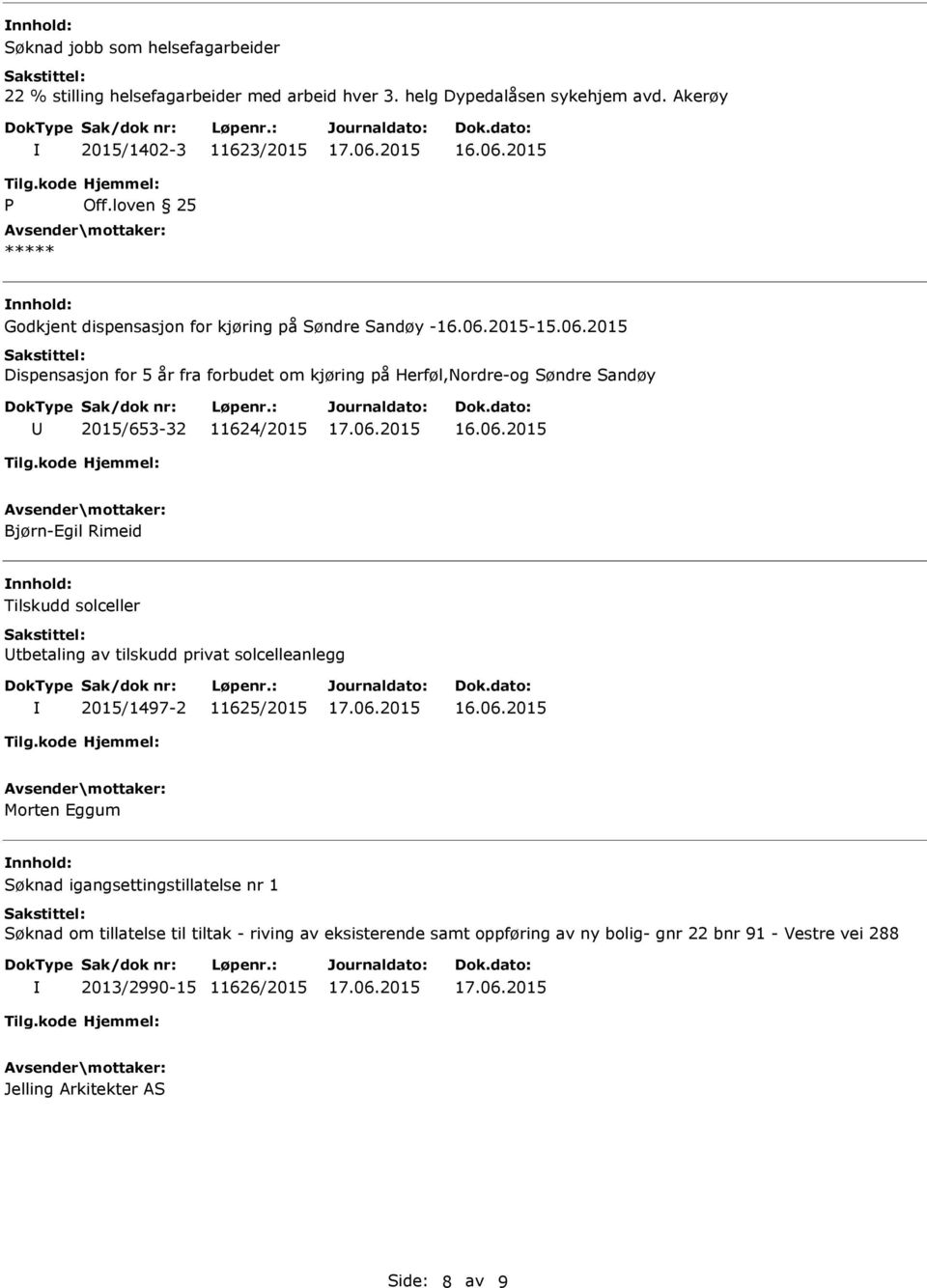 2015 Dispensasjon for 5 år fra forbudet om kjøring på Herføl,Nordre-og Søndre Sandøy 2015/653-32 11624/2015 Bjørn-Egil Rimeid Tilskudd solceller tbetaling av