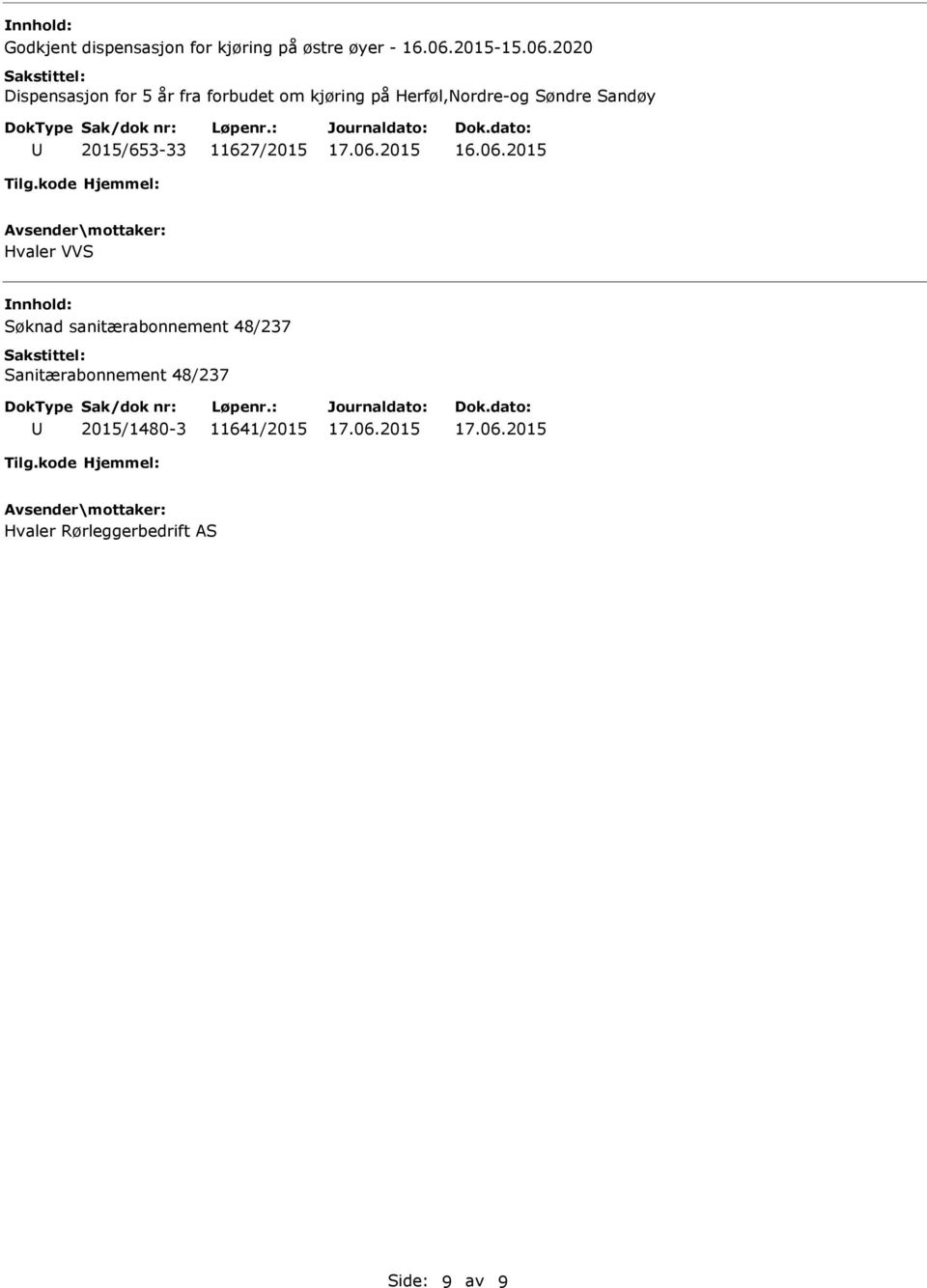 Søndre Sandøy 2015/653-33 11627/2015 Hvaler VVS Søknad sanitærabonnement