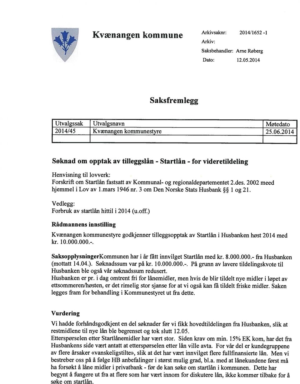 mars 1946 nr. 3 om Den Norske Stats Husbank 1 og 21. Vedlegg: Forbruk av startlån hittil i 2014 (u.off.