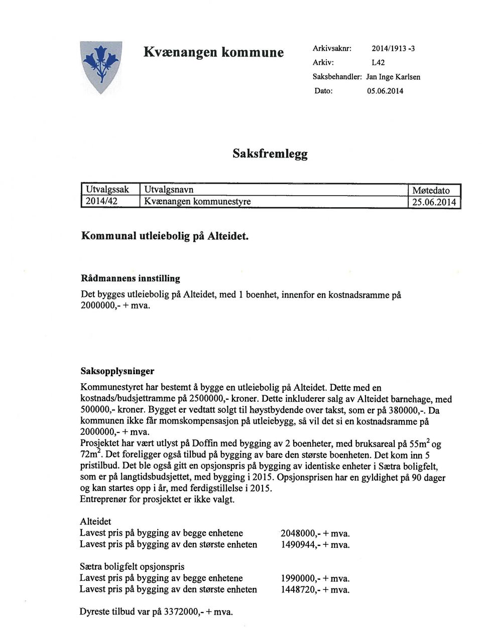 Dette med en kostnads/budsjettramme på 2500000,- kroner. Dette inkluderer salg av Alteidet barnehage, med 500000,- kroner. Bygget er vedtatt solgt til høystbydende over takst, som er på 380000,-.