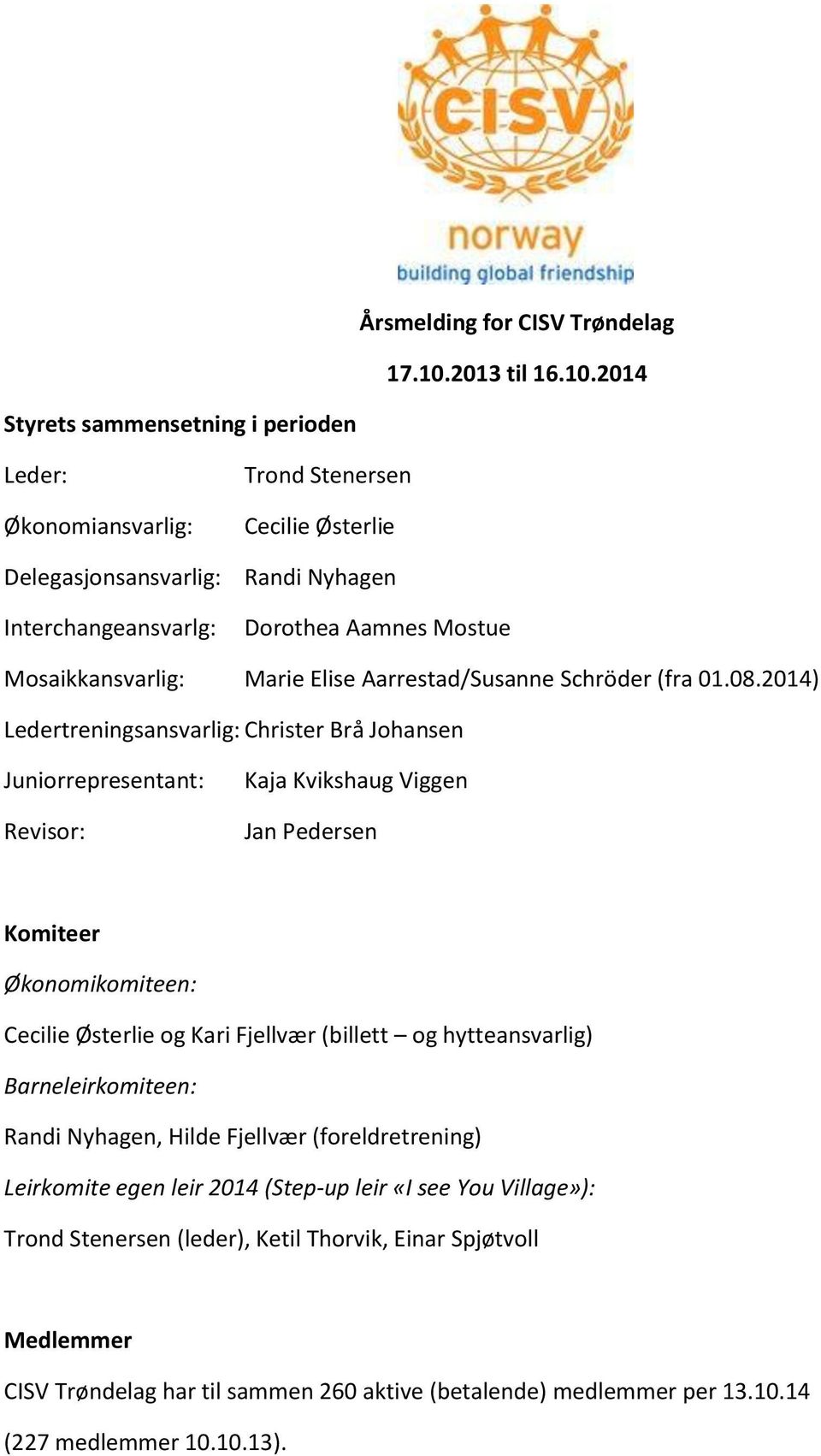 2014 Leder: Økonomiansvarlig: Delegasjonsansvarlig: Interchangeansvarlg: Trond Stenersen Cecilie Østerlie Randi Nyhagen Dorothea Aamnes Mostue Mosaikkansvarlig: Marie Elise Aarrestad/Susanne